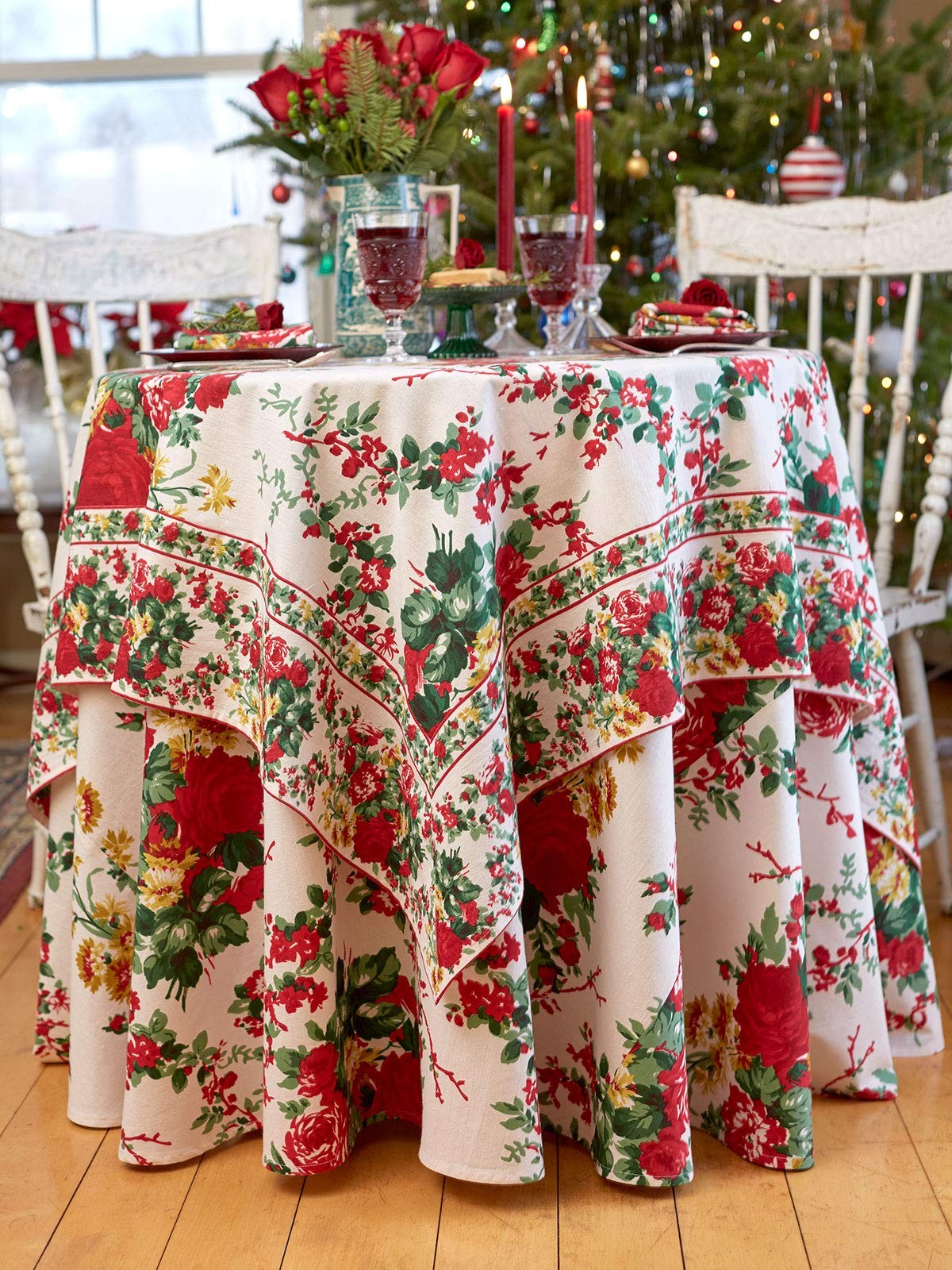 April Cornell Christmas Rose Festive Red Rectangular Tablecloth