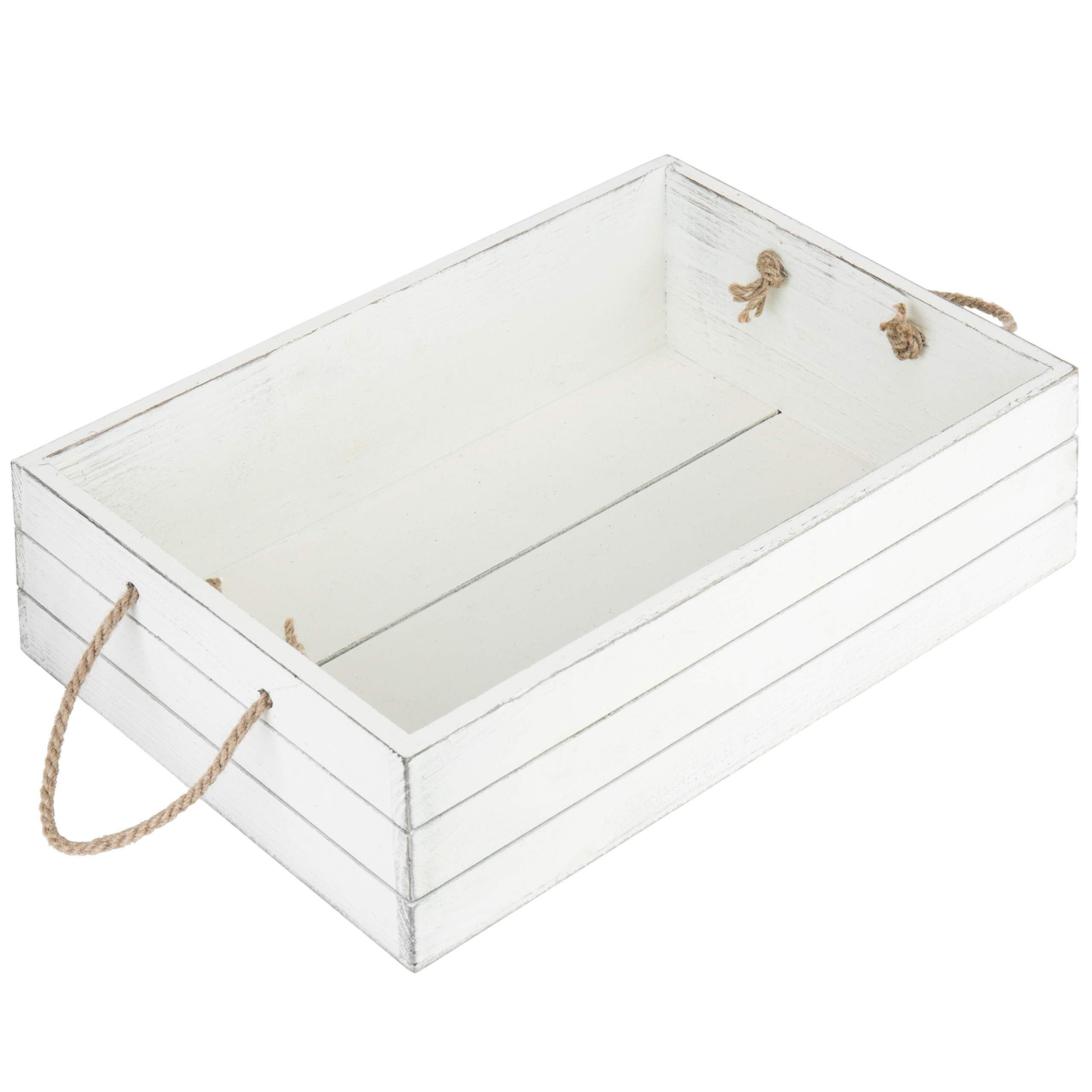 MyGift Vintage White Wood Decorative Bin with Rope Handles