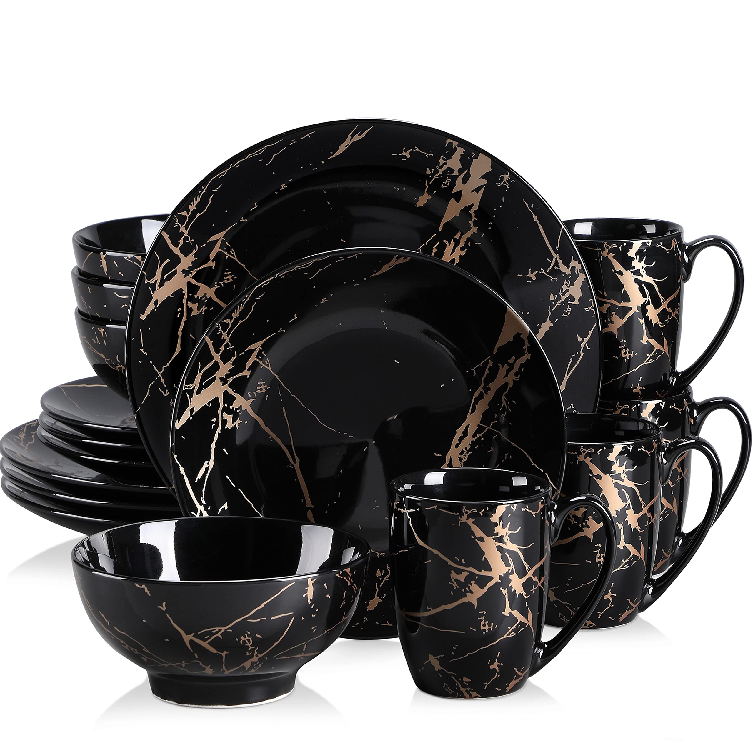 LOVECASA Black Plates and Bowls Set, 16-Piece Porcelain